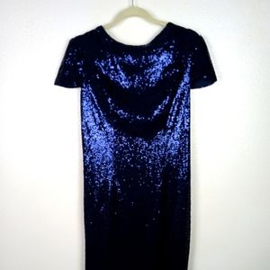 Blue Sequined Maxi Dress Draped Back Size 16 Honey Qiao NWT FLAW